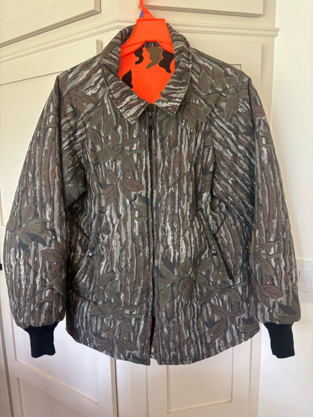 VTG Johnson Garment Reversible Quilted Coat Jacket Mens L Orange Camo USA